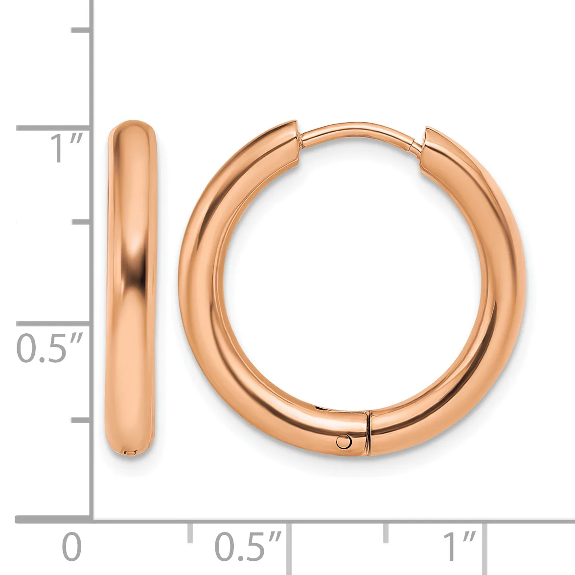A pair of polished rose gold hoop earrings with a chunky rounded profile, shown next to a measurement scale indicating approximately one inch in diameter.