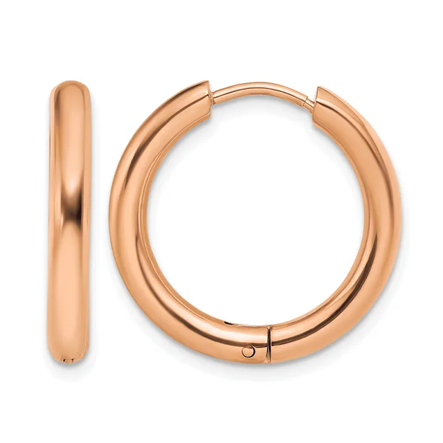 A pair of polished rose gold hoop earrings with a chunky, rounded profile and hinged closure, shown from the front and side view.