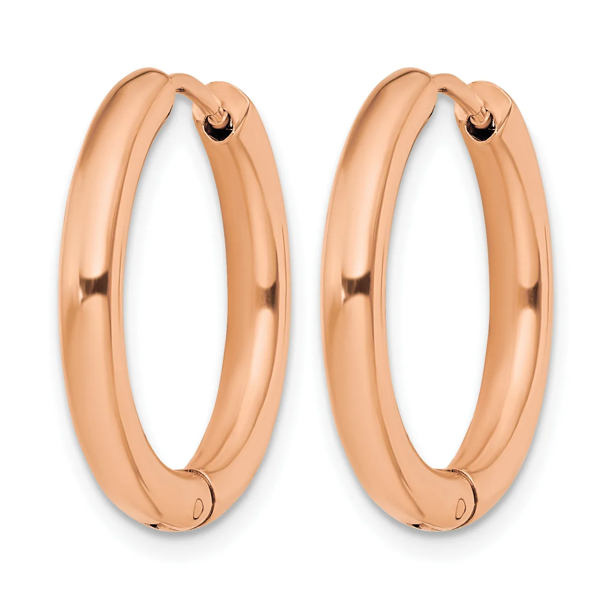 A pair of polished rose gold hoop earrings with a chunky, rounded profile and hinged closure posts, shown from the front against a white background.
