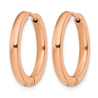 A pair of polished rose gold hoop earrings with a chunky, rounded profile and hinged closure posts, shown from the front against a white background.