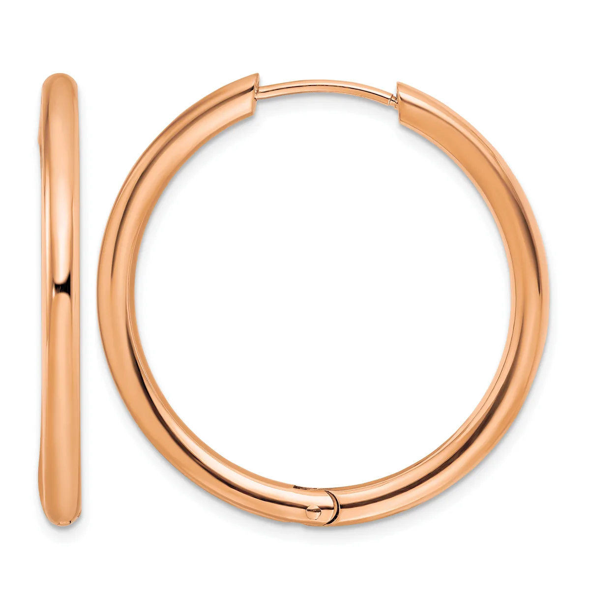 A pair of polished rose gold hoop earrings displayed from the front and side, showing their smooth curved tubular design with hinged closures.