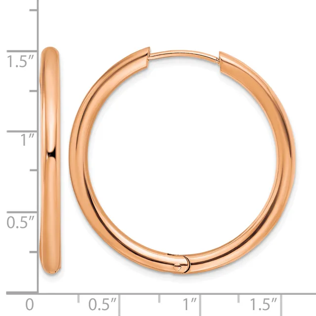 Rose gold hoop earrings with a polished finish, shown front and side view with a measurement scale indicating approximately 1.5 inches in diameter.