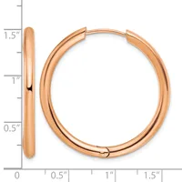 Rose gold hoop earrings with a polished finish, shown front and side view with a measurement scale indicating approximately 1.5 inches in diameter.