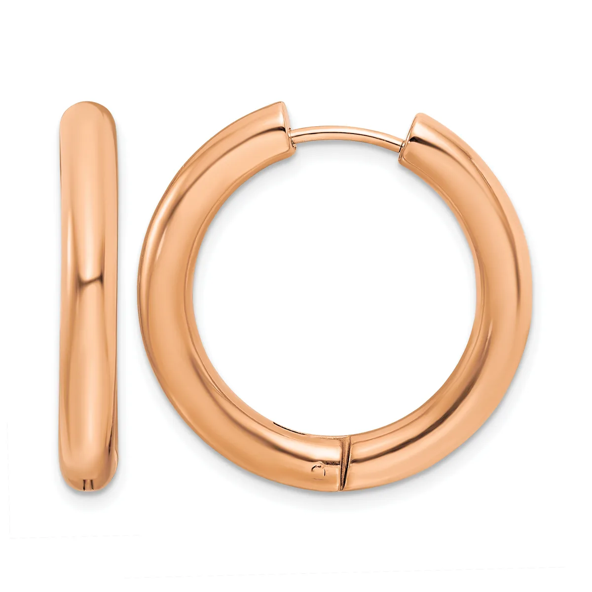 A pair of polished rose gold hoop earrings shown from the front and side, displaying their smooth rounded tubing and hinged closure mechanism.