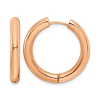 A pair of polished rose gold hoop earrings shown from the front and side, displaying their smooth rounded tubing and hinged closure mechanism.
