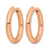 A pair of polished rose gold hoop earrings with a rounded, tubular design and hinged closures, displayed side by side.