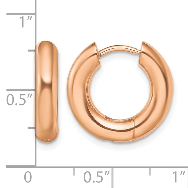 Pair of rose gold polished chunky hoop earrings with hinged closures, displayed against a measurement scale showing approximately 0.5 inches in width.
