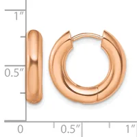 Pair of rose gold polished chunky hoop earrings with hinged closures, displayed against a measurement scale showing approximately 0.5 inches in width.