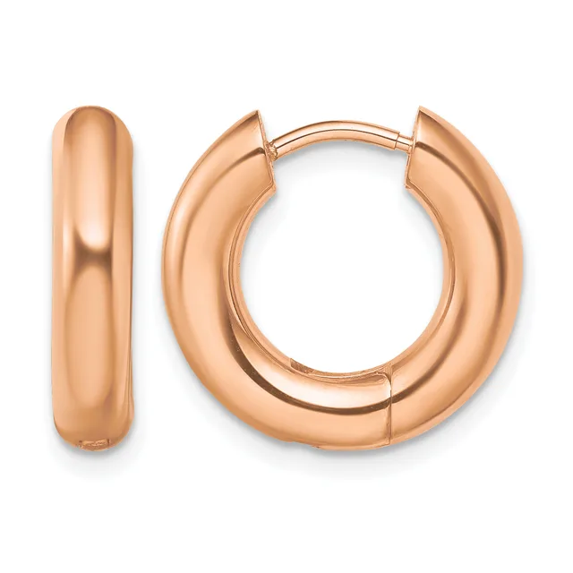 A pair of polished rose gold chunky hoop earrings with a hinged clasp closure, shown from the front against a white background.