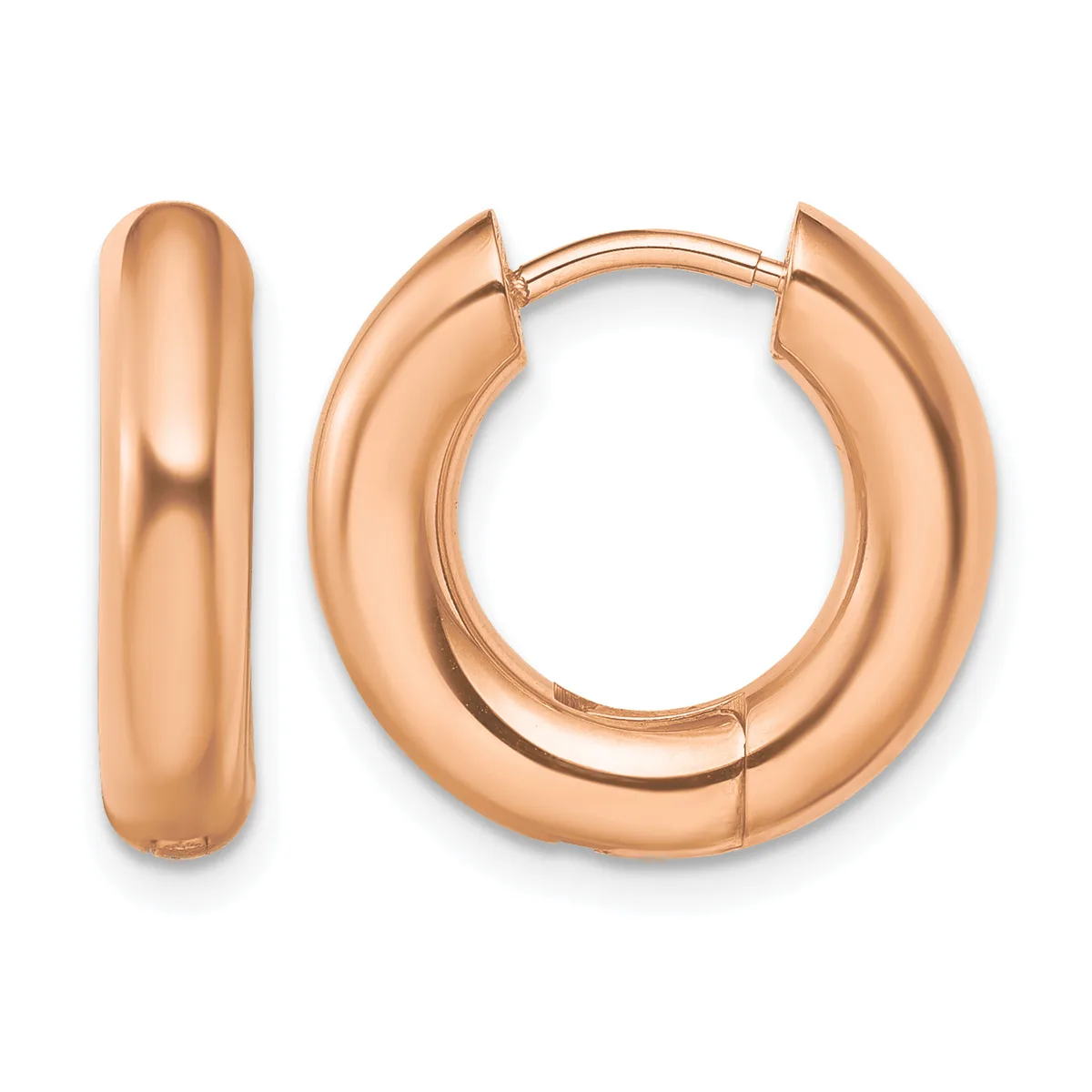 A pair of polished rose gold chunky hoop earrings with a hinged clasp closure, shown from the front against a white background.