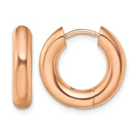 A pair of polished rose gold chunky hoop earrings with a hinged clasp closure, shown from the front against a white background.