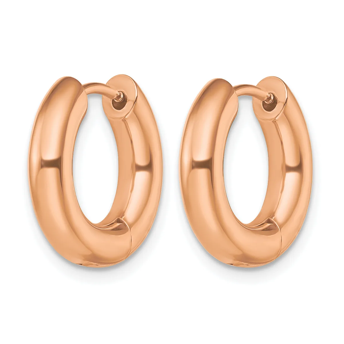 A pair of polished rose gold chunky hoop earrings with hinged closures, shown from the front against a white background.