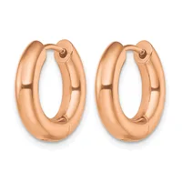 A pair of polished rose gold chunky hoop earrings with hinged closures, shown from the front against a white background.