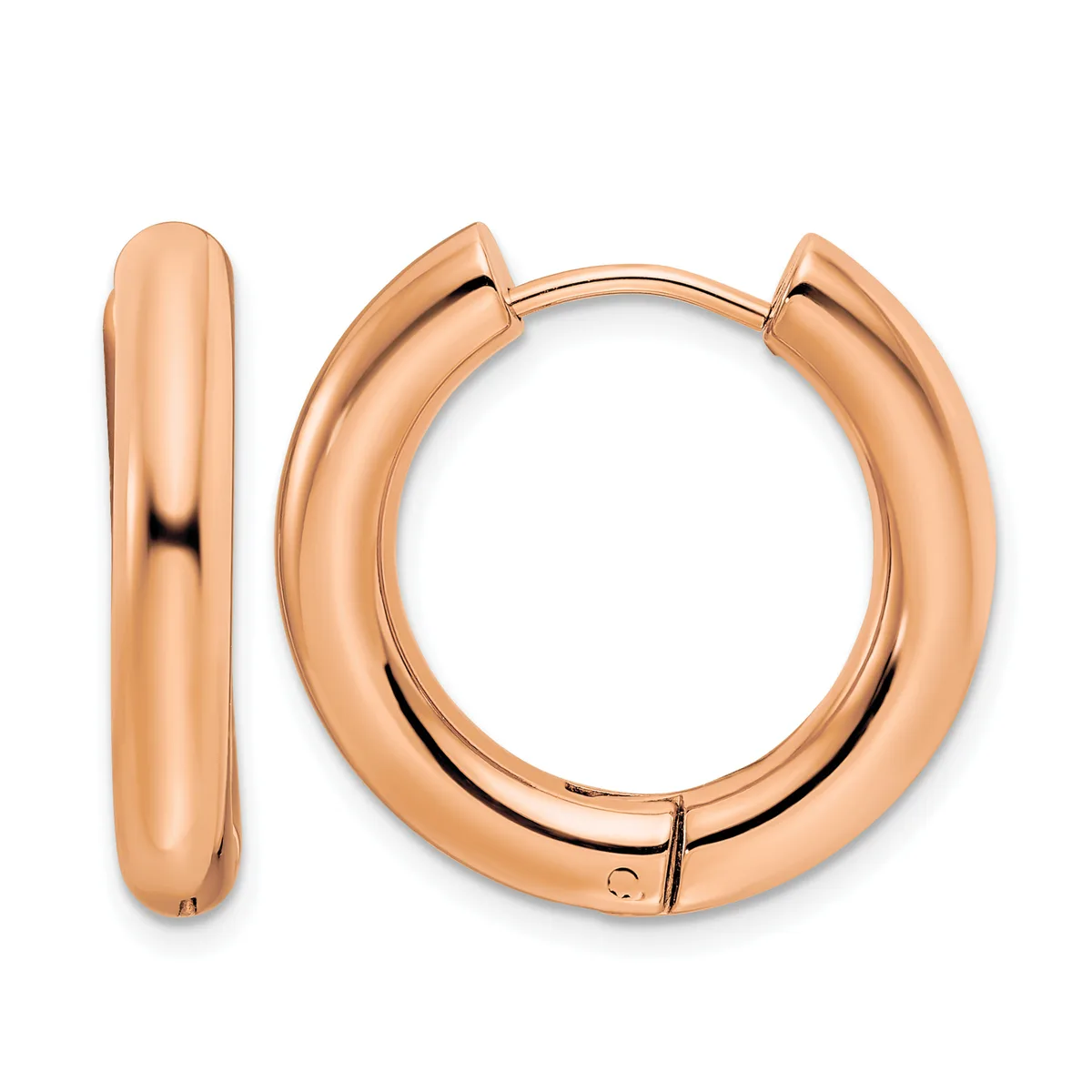 A pair of polished rose gold hoop earrings with chunky rounded profiles and hinged closures, shown from the front and side.