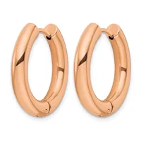 A pair of polished rose gold chunky hoop earrings with a smooth, curved surface and hinged closures.