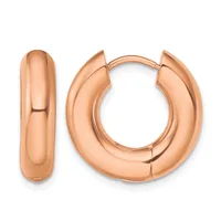 Pair of polished rose gold chunky hoop earrings shown from front and side views.