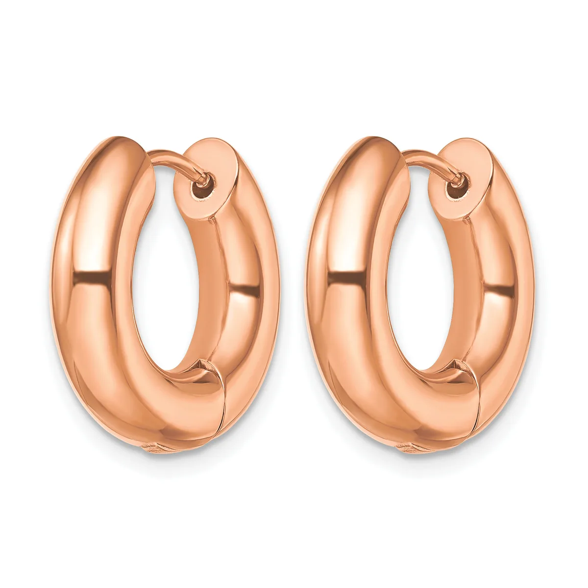 A pair of polished rose gold hoop earrings with a chunky, tubular design and small post and clasp closures.
