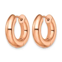 A pair of polished rose gold hoop earrings with a chunky, tubular design and small post and clasp closures.