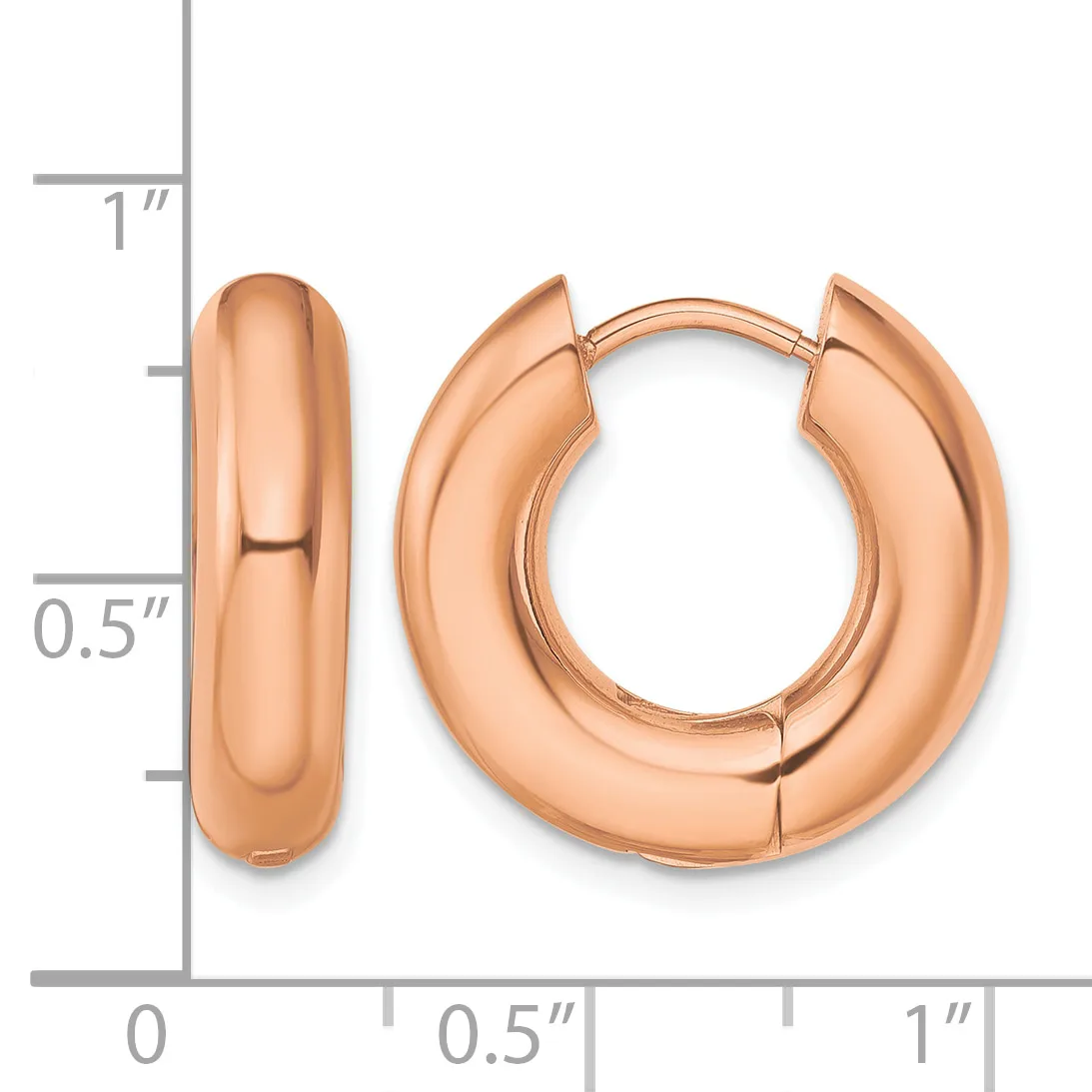 Rose gold polished chunky hoop earrings with a hinged clasp, shown front and side view against a measurement scale indicating approximately one inch in diameter and half inch in width.