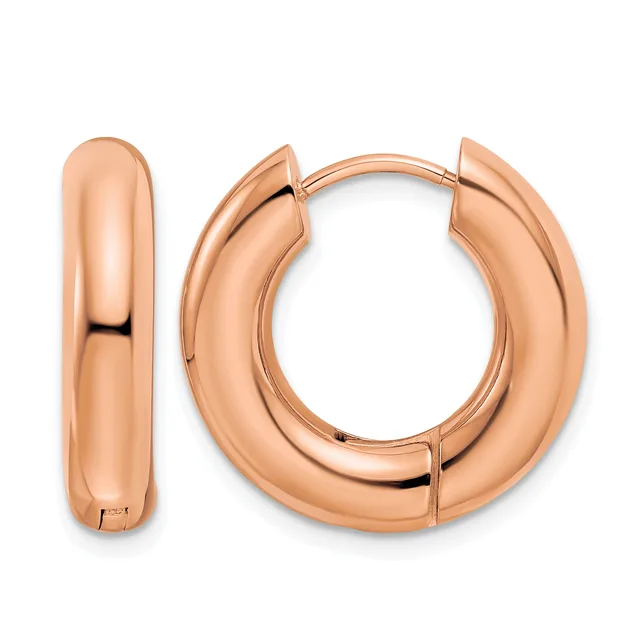 A pair of polished rose gold-colored chunky hoop earrings with a hinged clasp closure, shown from the front and side views.