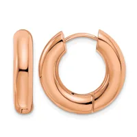 A pair of polished rose gold-colored chunky hoop earrings with a hinged clasp closure, shown from the front and side views.