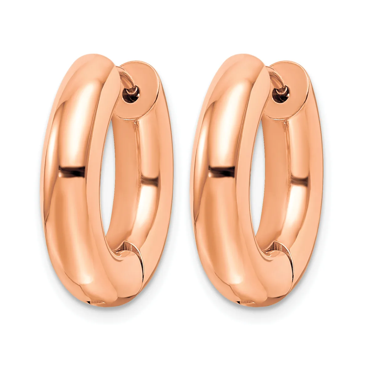 A pair of polished rose gold hoop earrings with a chunky, rounded profile and hinged closures.