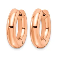 A pair of polished rose gold hoop earrings with a chunky, rounded profile and hinged closures.
