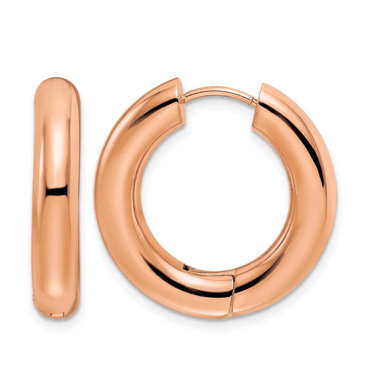 Pair of polished rose gold hoop earrings with a chunky, rounded profile and hinged closure, shown from front and side angles.