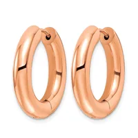 A pair of polished rose gold hoop earrings with a chunky, curved design and hinged closures, displayed against a white background.
