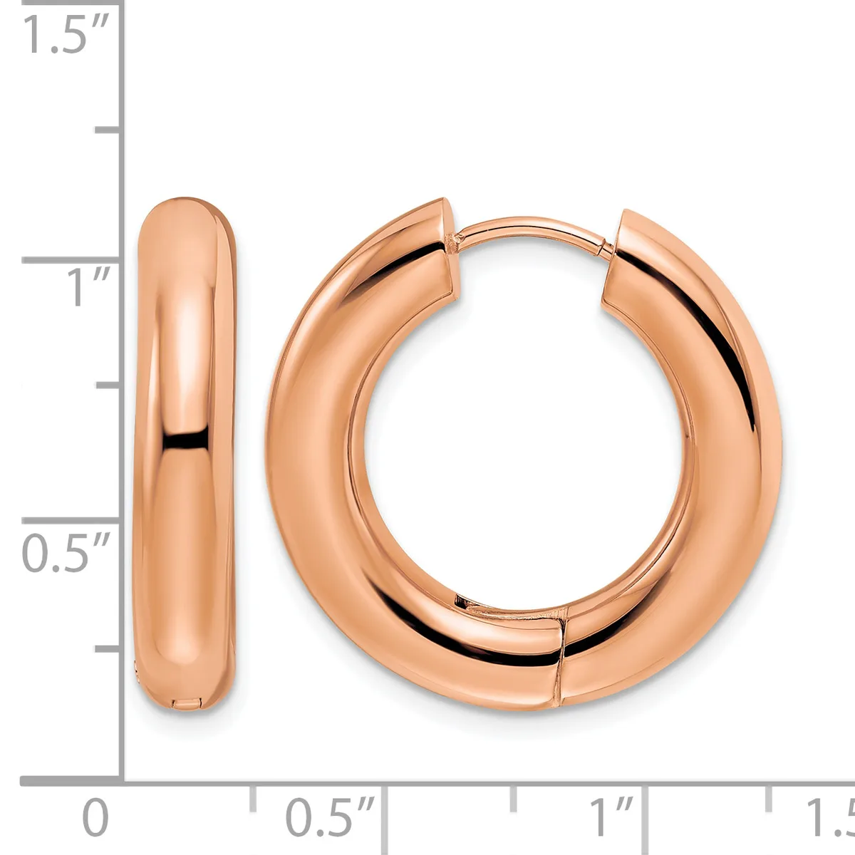 Pair of rose gold polished chunky hoop earrings with hinged closure, shown against a measurement scale indicating approximately one inch diameter.