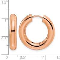 Pair of rose gold polished chunky hoop earrings with hinged closure, shown against a measurement scale indicating approximately one inch diameter.
