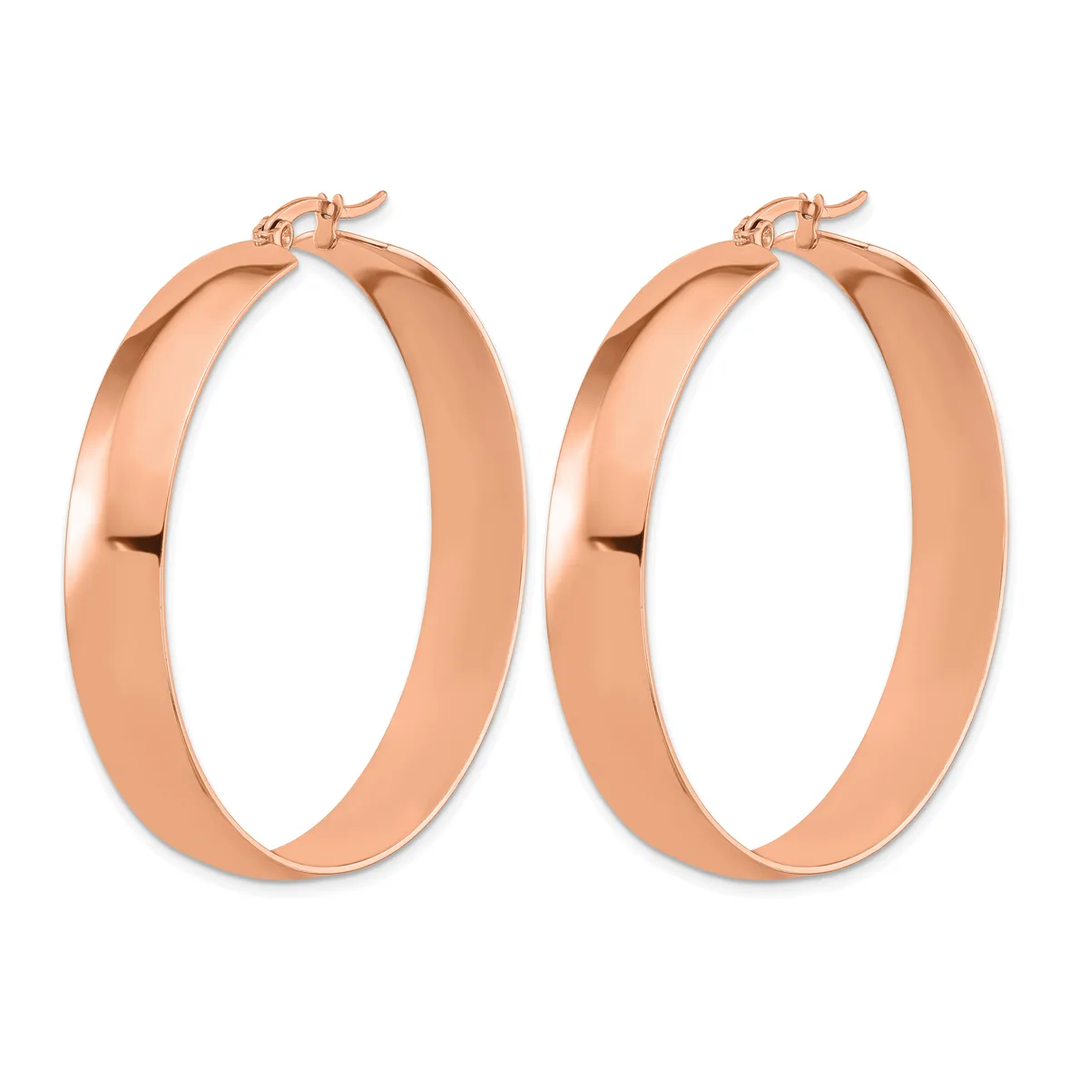 A pair of polished rose gold hoop earrings with a wide, flat band design and hinged closures, displayed against a white background.
