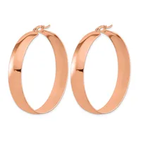 A pair of polished rose gold hoop earrings with a wide, flat band design and hinged closures, displayed against a white background.