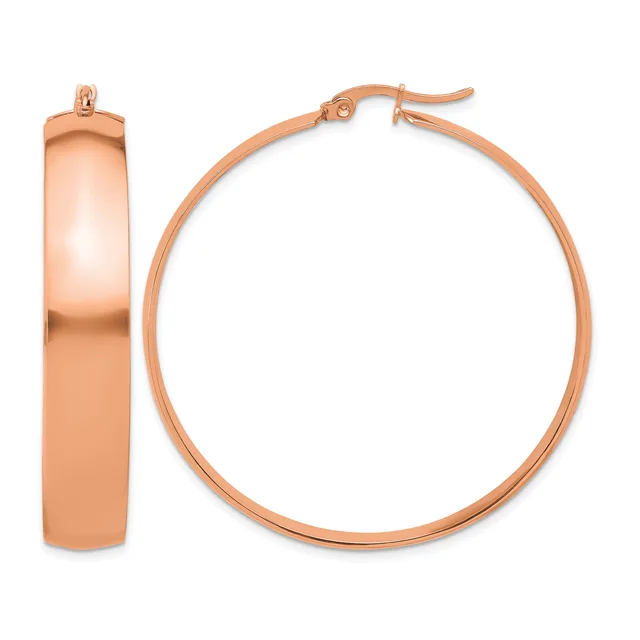Pair of rose gold polished hoop earrings with a wide, flat band and hinged closure posts, shown from front and side views.