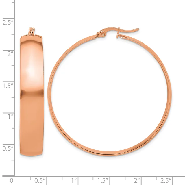 Rose gold hoop earrings displayed with a measurement scale showing approximately 2.5 inches in diameter, shown from front and side views.