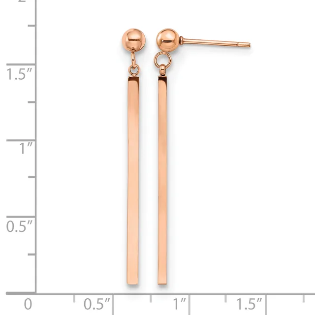 Rose gold ball stud earrings with dangling rectangular bar drops, displayed on a measurement scale showing approximately 1.5 inches in length.