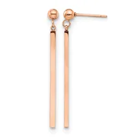Pair of rose gold dangle earrings with polished ball studs and long rectangular bar drops suspended from small connector rings.