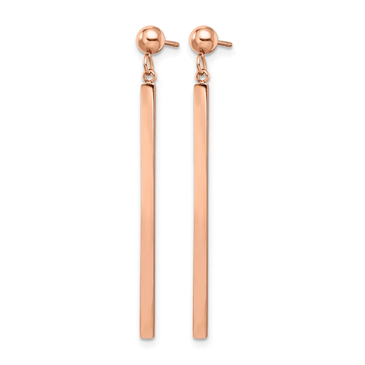 Pair of rose gold drop earrings with ball studs and long rectangular bar pendants, shown against a white background.