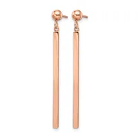 Pair of rose gold drop earrings with ball studs and long rectangular bar pendants, shown against a white background.