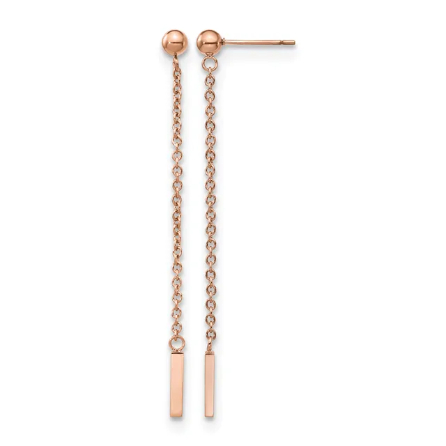 Pair of rose gold drop earrings with ball studs connected to delicate chain links suspending small rectangular bars at the ends.