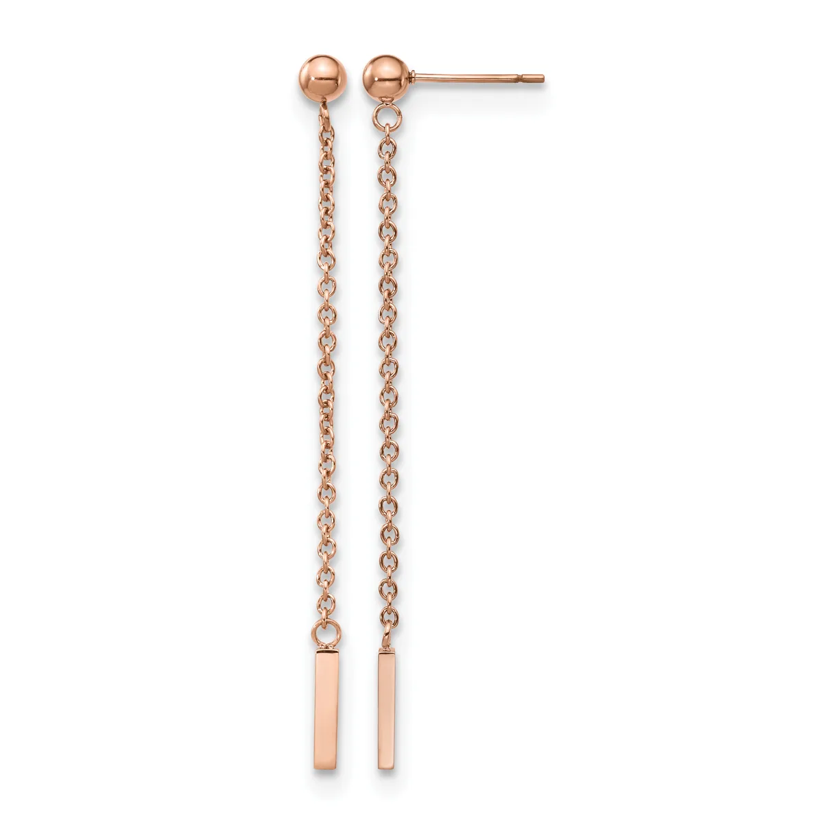 Pair of rose gold drop earrings with ball studs connected to delicate chain links suspending small rectangular bars at the ends.
