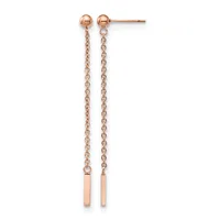 Pair of rose gold drop earrings with ball studs connected to delicate chain links suspending small rectangular bars at the ends.