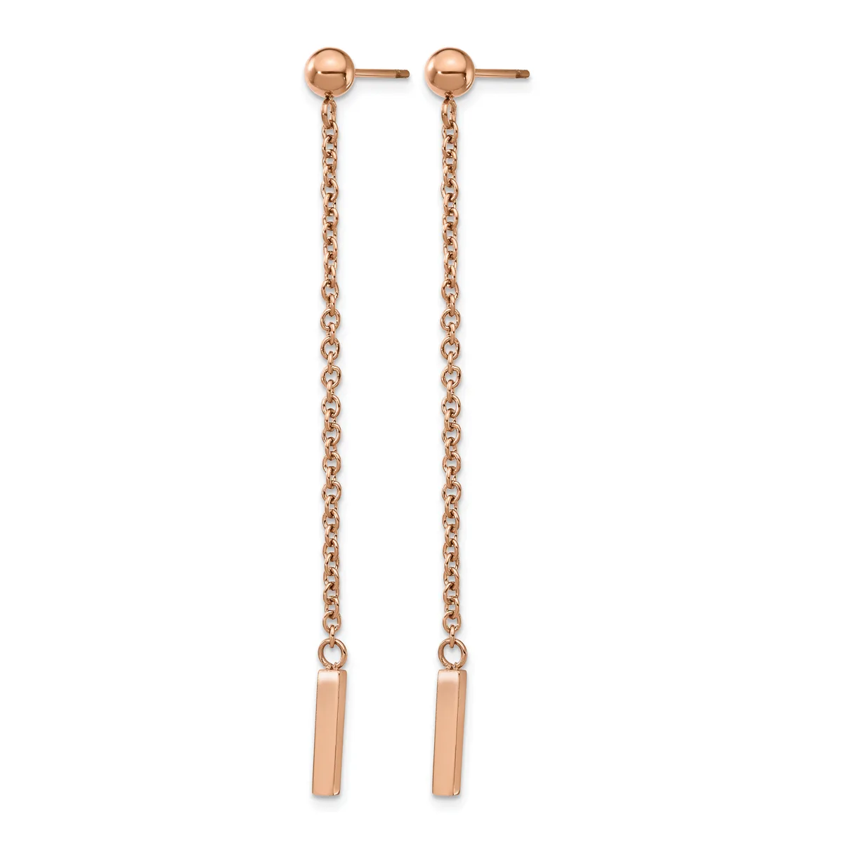 Pair of rose gold drop earrings with small ball studs at top, connected by delicate chain links to rectangular bar pendants at bottom.