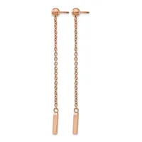 Pair of rose gold drop earrings with small ball studs at top, connected by delicate chain links to rectangular bar pendants at bottom.