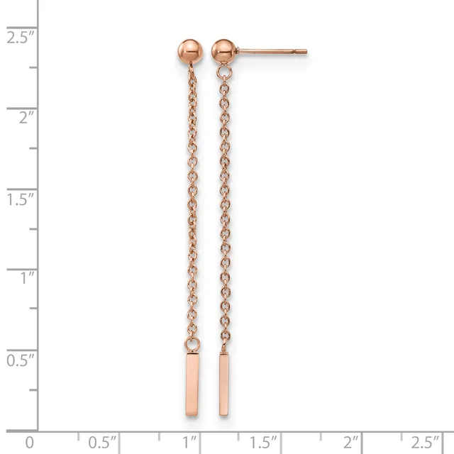 Rose gold ball stud earrings with delicate chain drops and small rectangular bar pendants, displayed on a measurement scale showing approximately two inches in length.