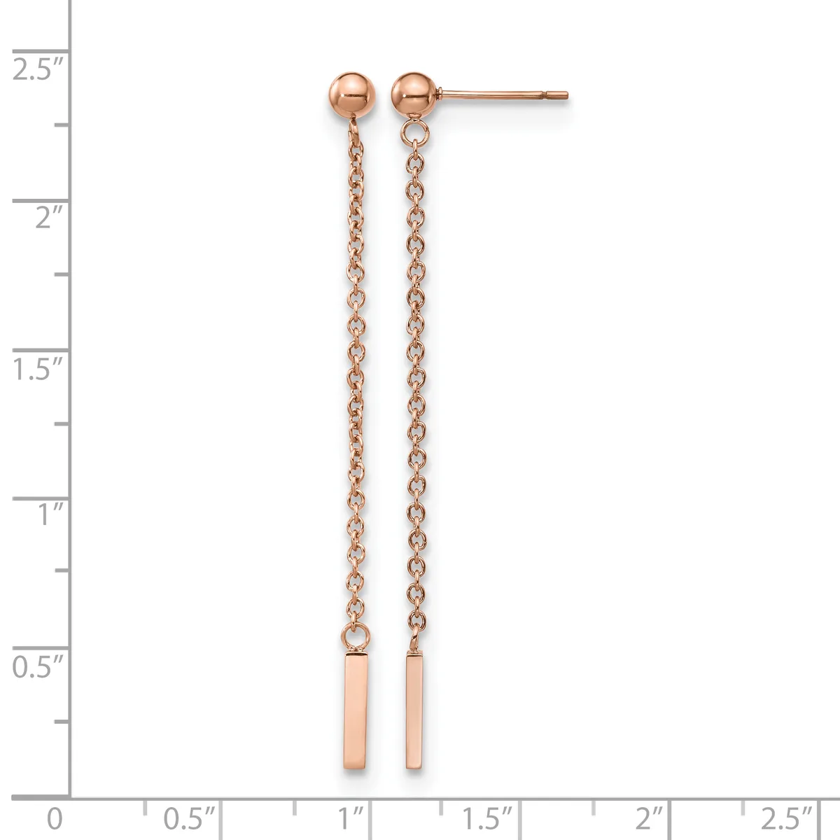 Rose gold ball stud earrings with delicate chain drops and small rectangular bar pendants, displayed on a measurement scale showing approximately two inches in length.