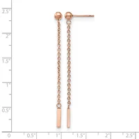 Rose gold ball stud earrings with delicate chain drops and small rectangular bar pendants, displayed on a measurement scale showing approximately two inches in length.