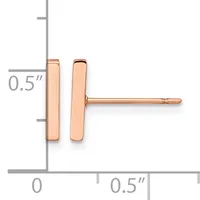 A pair of rose gold rectangular stud earrings, each approximately 0.5 inches tall, shown on a measurement scale.