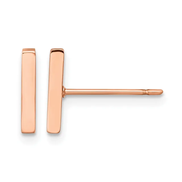 A pair of rose gold rectangular bar stud earrings shown from the front and back view.