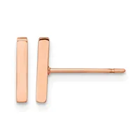 A pair of rose gold rectangular bar stud earrings shown from the front and back view.